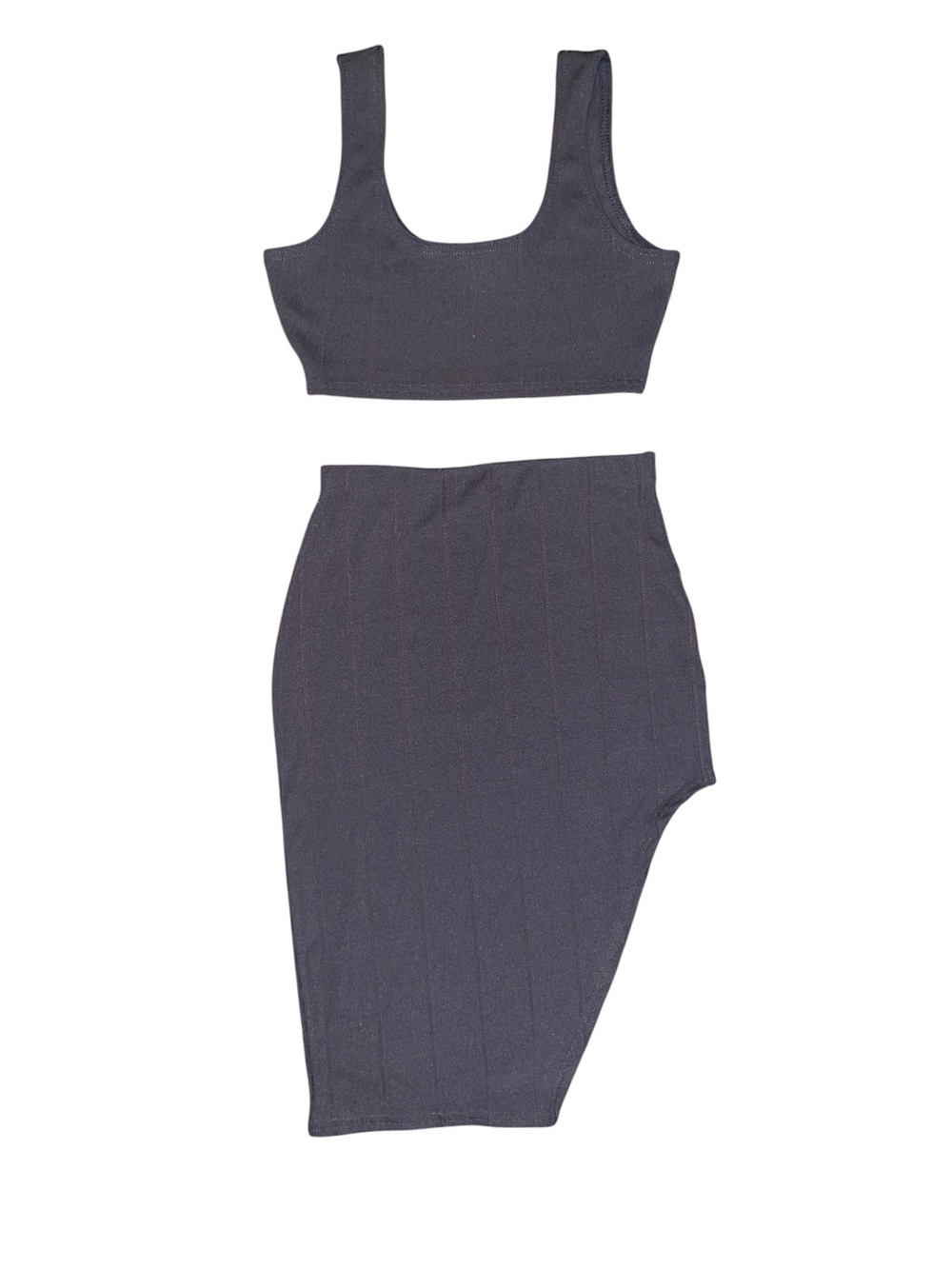 Boohoo Charcoal Ribbed Two-Piece Asymmetric Skirt Set